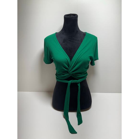 Y2K Hollister Cropped Shirt Junior Sz M Hunter Green Tie Front Low V Neck - Picture 1 of 7